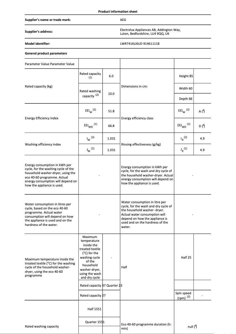 Page n°1 - Fiche technique AEG LWR7416U6UD