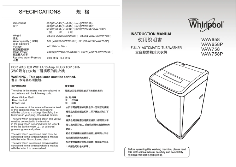 Image de la première page du manuel de l'appareil VAW758P