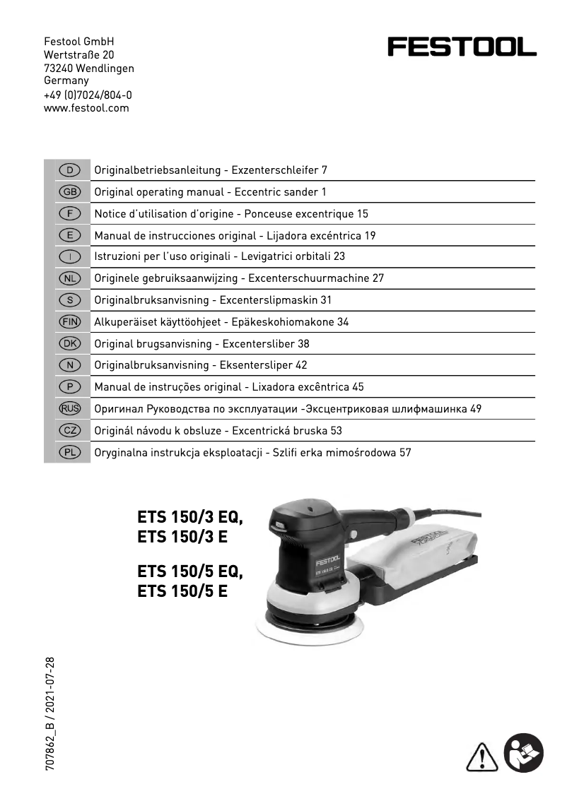 Page 1 de la notice Manuel utilisateur Festool ETS 150/5 EQ-Plus