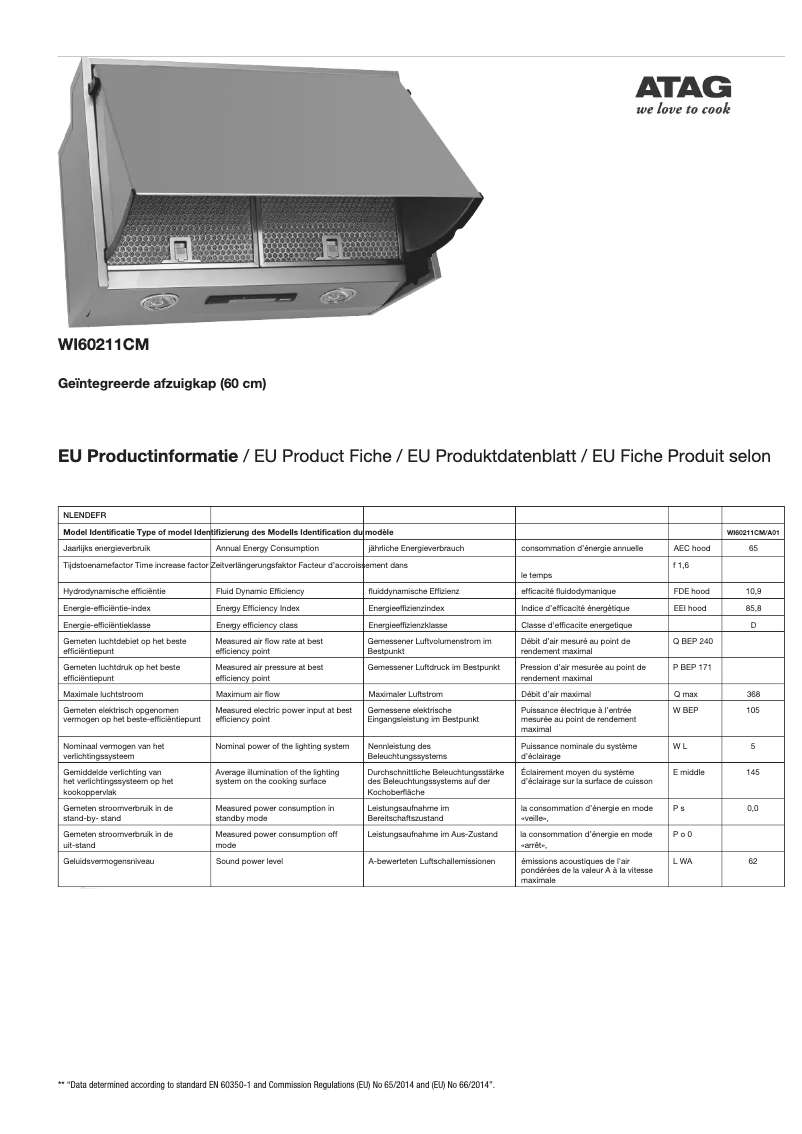 Page 1 de la notice Fiche technique Atag WI60211CM