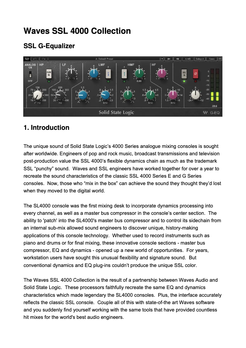 Page 1 de la notice Manuel utilisateur Waves SSL G-Equalizer