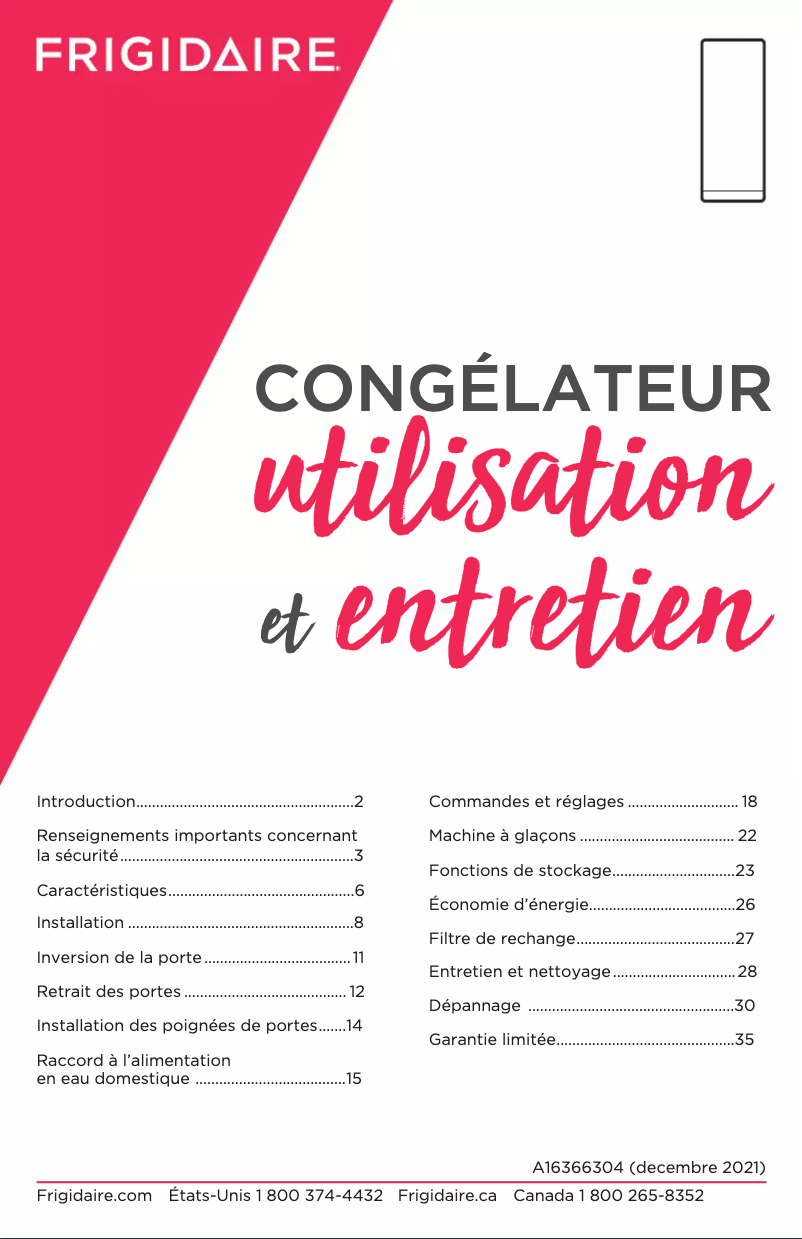 Page 1 de la notice Manuel utilisateur Frigidaire FPFU19F8WF