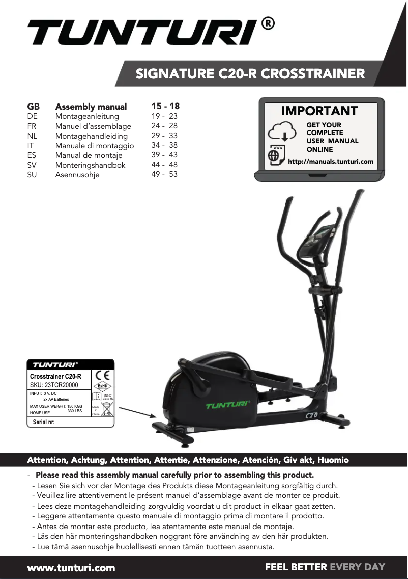 Page 1 de la notice Manuel utilisateur Tunturi Signature C20-R