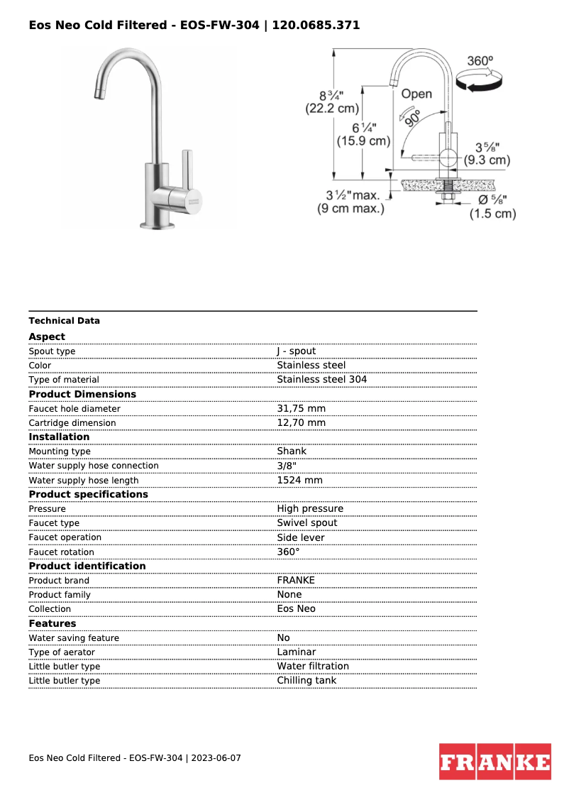 Page n°1 - Fiche technique Franke EOS-FW-304