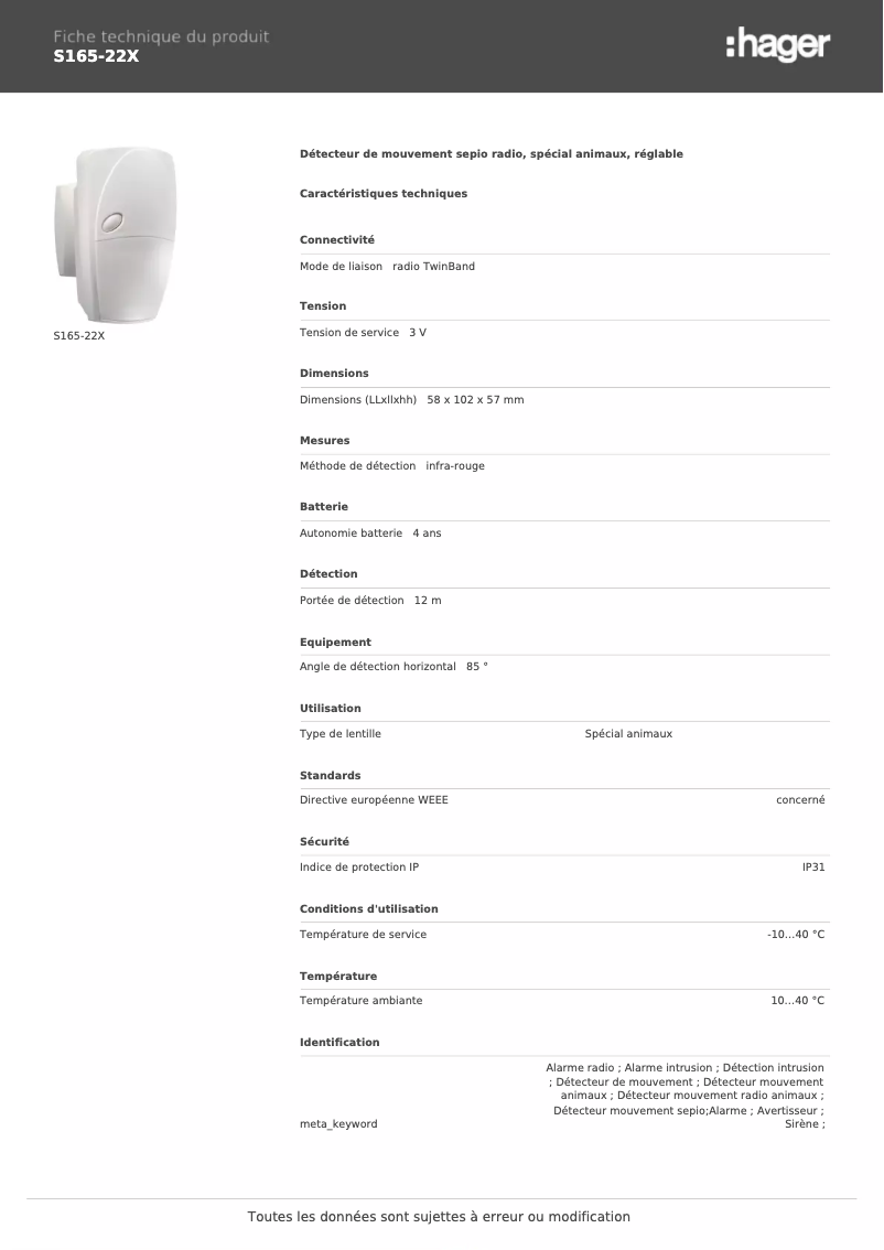 Page 1 de la notice Fiche technique Hager S165-22X