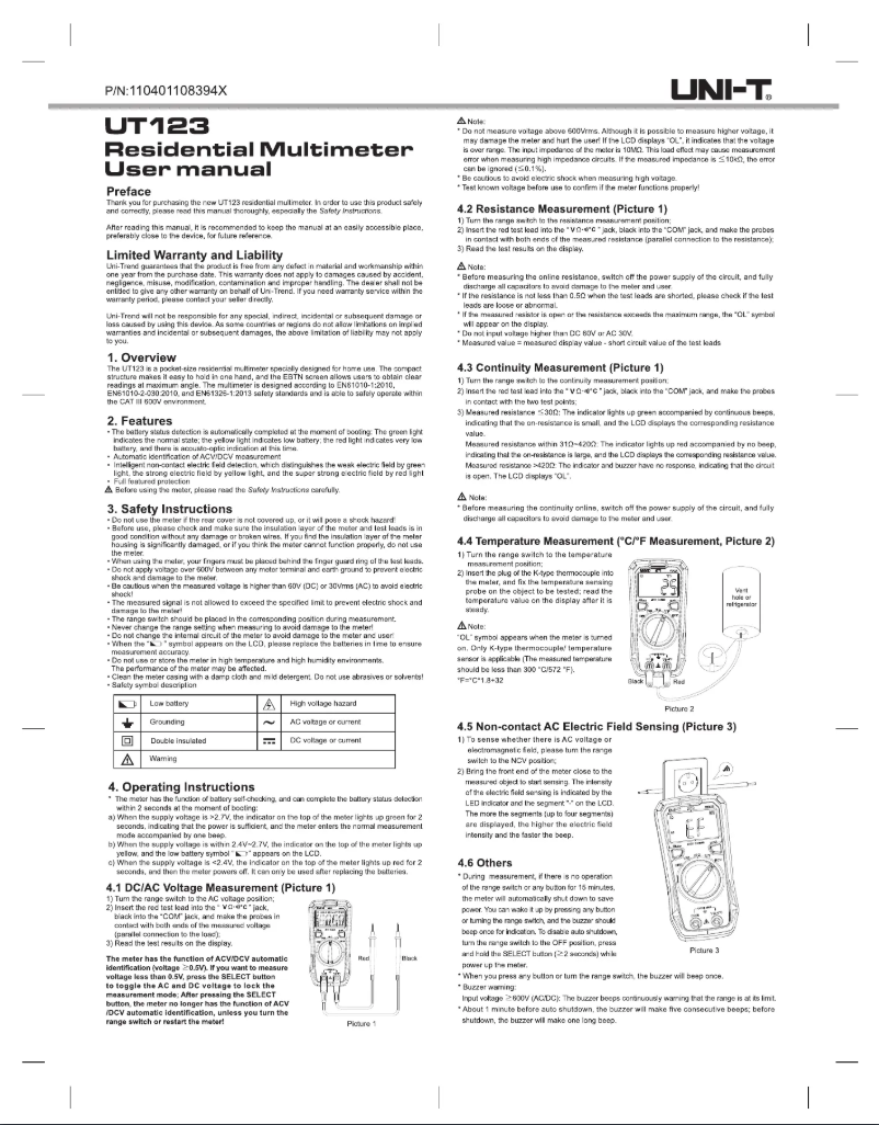 Page 1 of the manual User Manual Uni-T UT123