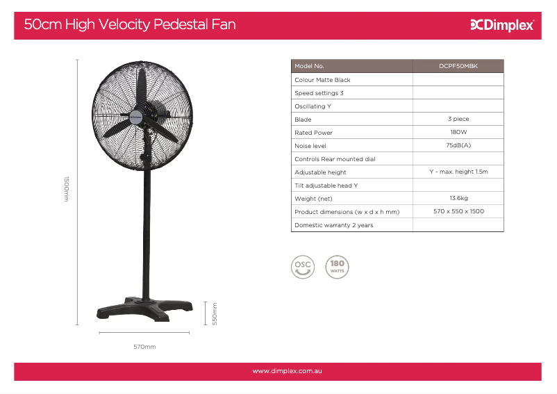 Page 1 de la notice Fiche technique Dimplex DCPF50MBK