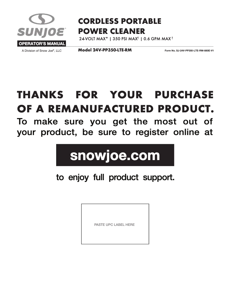 Page 1 de la notice Manuel utilisateur Sun Joe 24V-PP350-RM