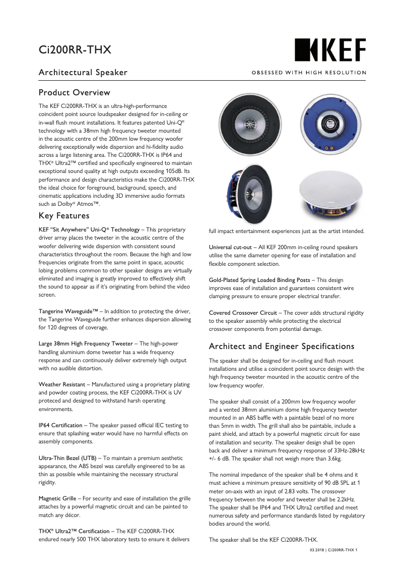 Page 1 de la notice Fiche technique KEF Ci200RR