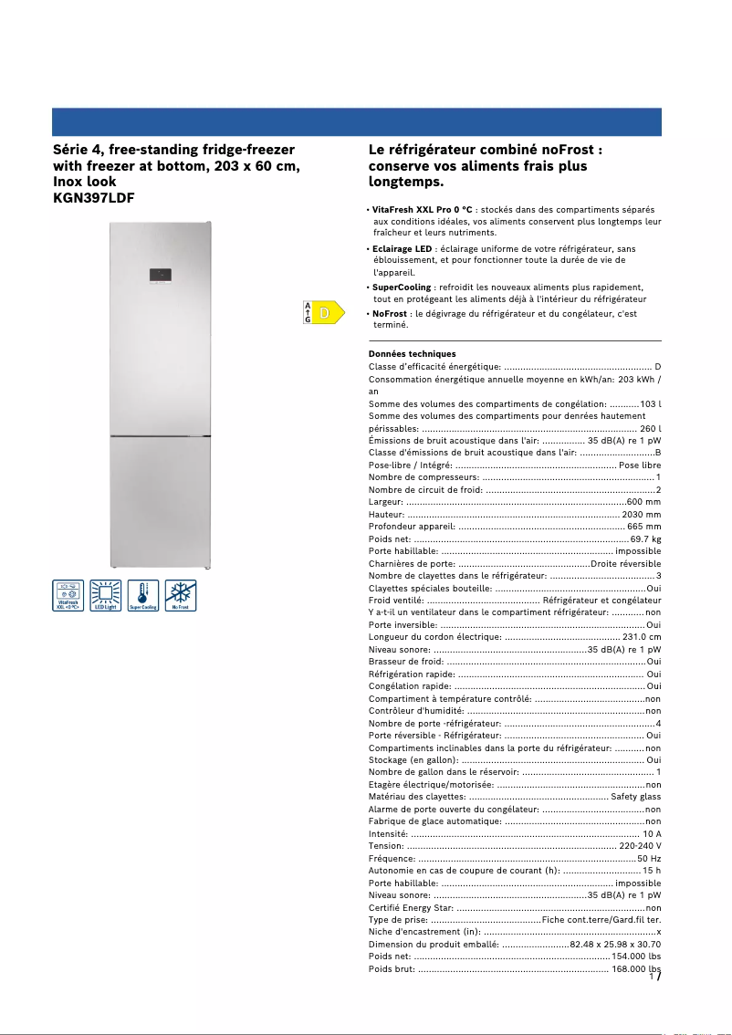 Page n°1 - Fiche technique Bosch KGN397LDF