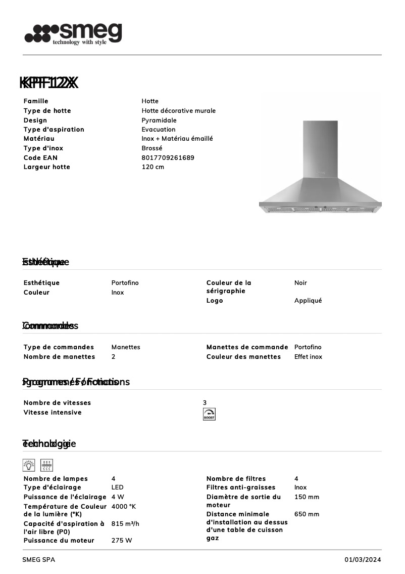 Page 1 de la notice Fiche technique Smeg KPF12X
