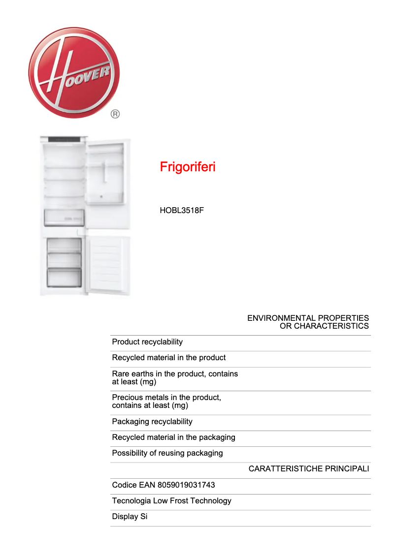 Página 1 del manual Ficha técnica Hoover HOBL3518F