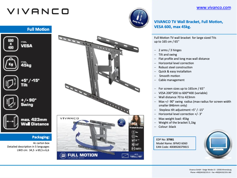 Page n°1 - Fiche technique Vivanco BFMO 6060