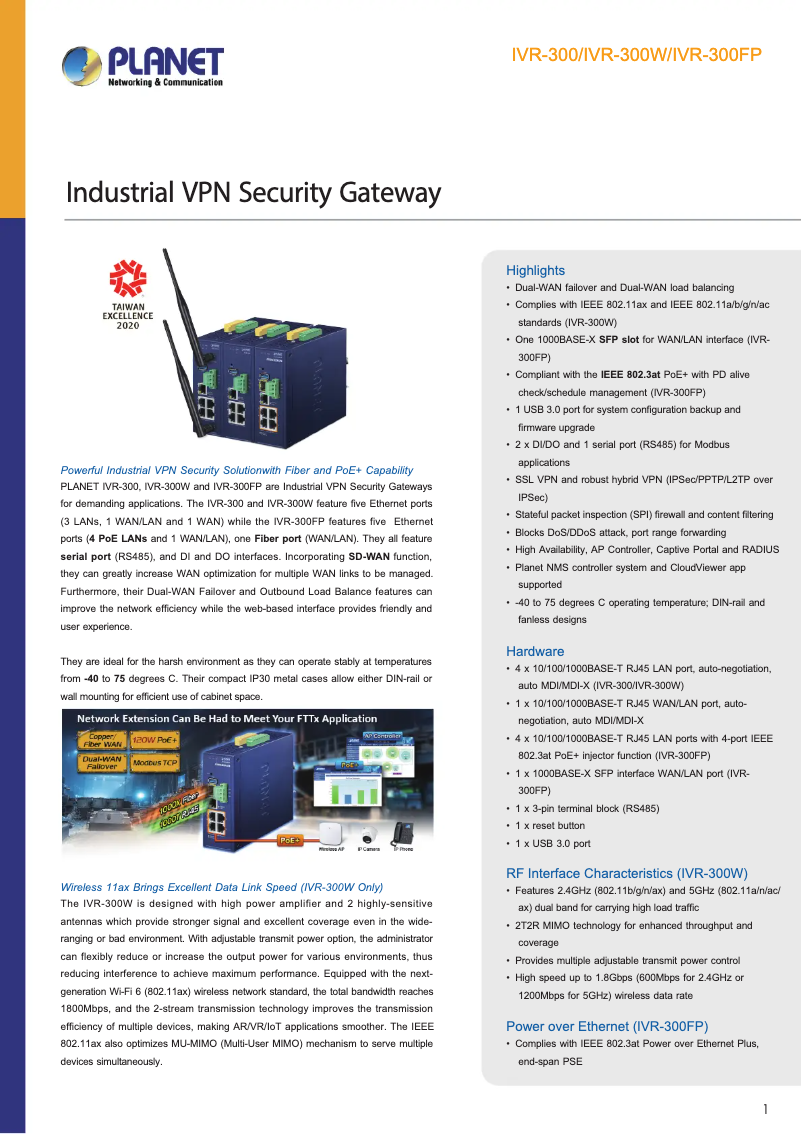 Page 1 de la notice Fiche technique Planet IVR-300FP