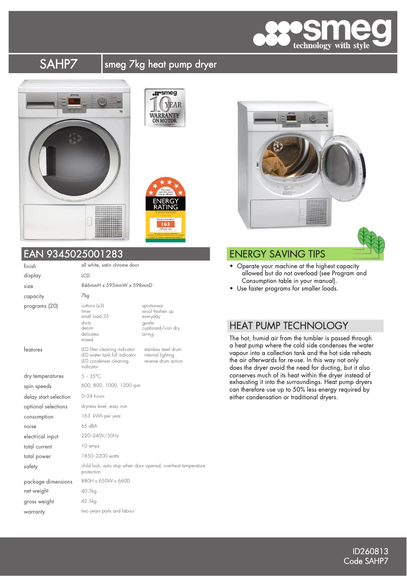 Page n°1 - Fiche technique Smeg SAHP 7