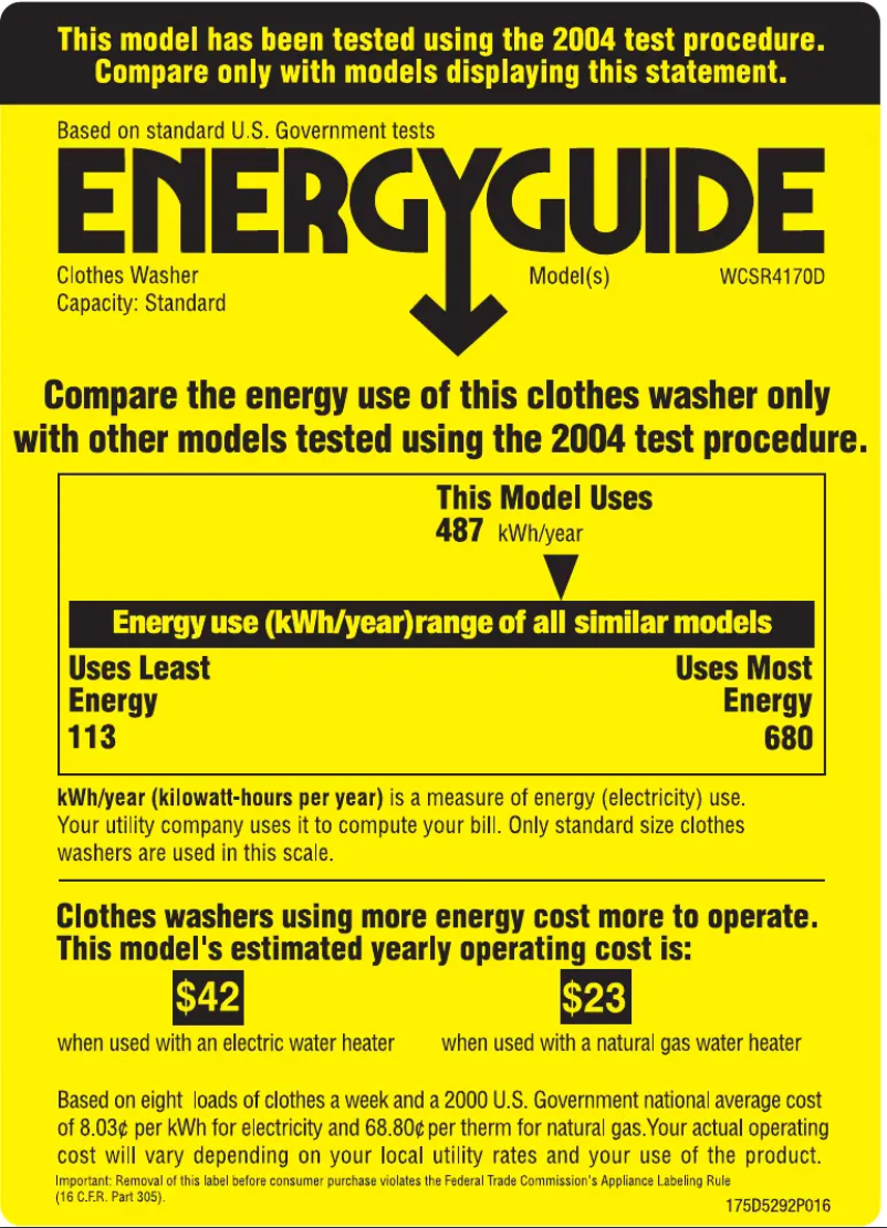 Página 1 del manual Etiqueta energética GE WCSR4170DCC
