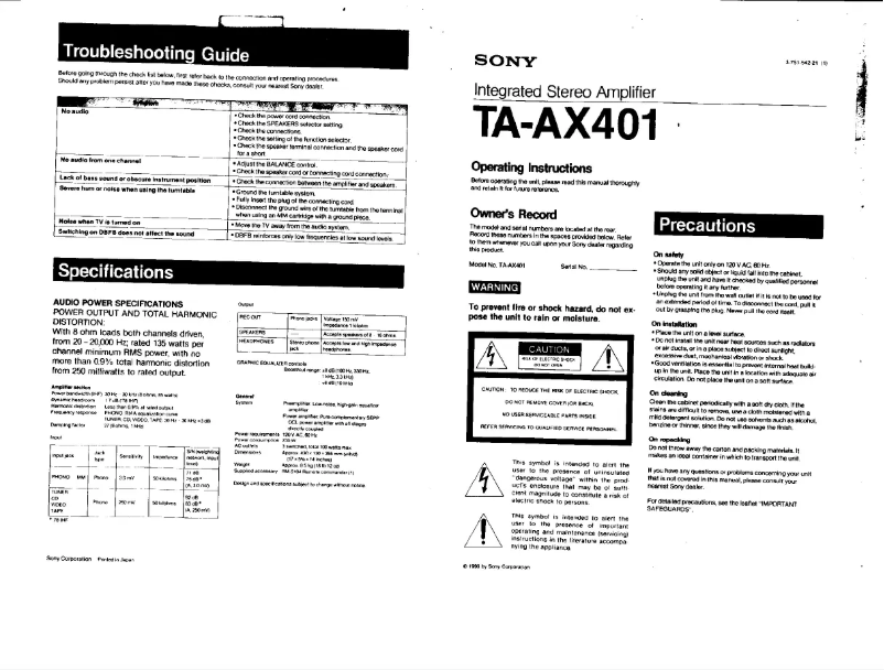 Page 1 de la notice Manuel utilisateur Sony TA-AX401