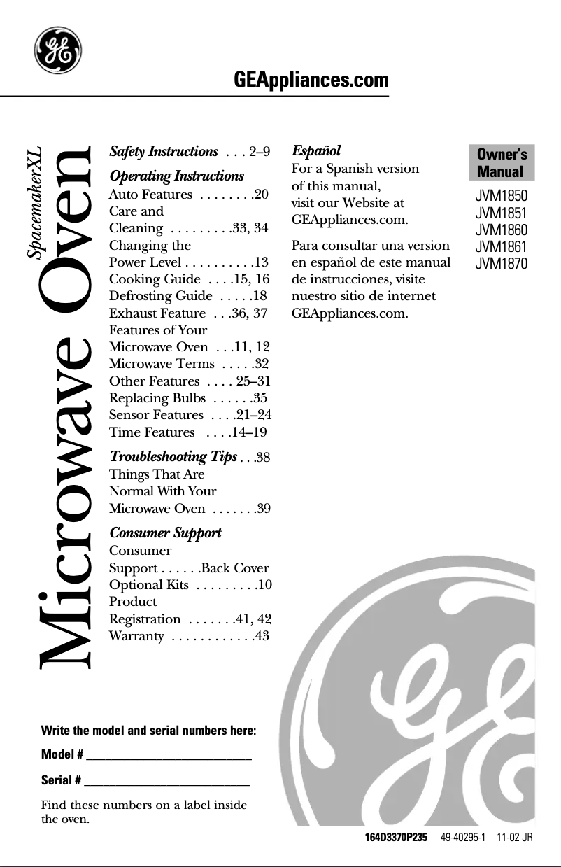 Page 1 de la notice Manuel d'utilisation et d'entretien GE JVM1860SD