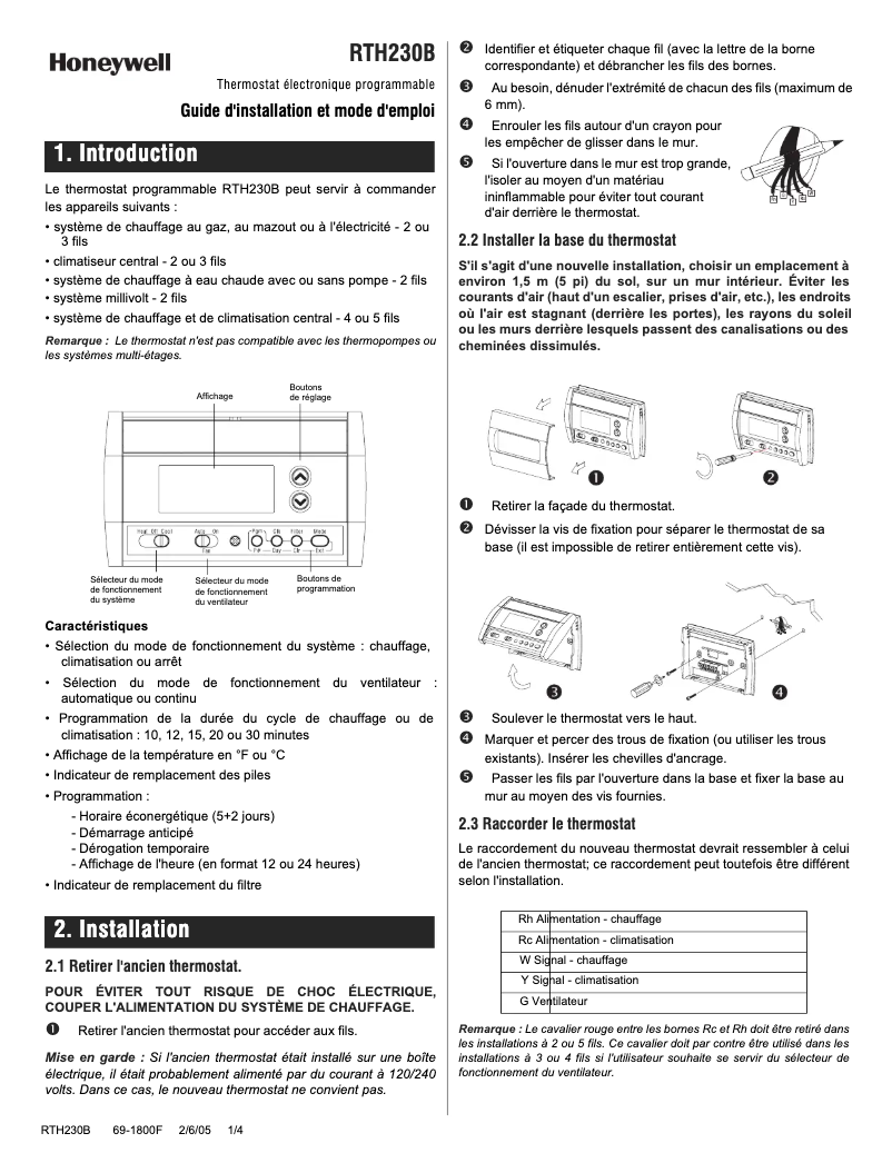 Page n°1 - Manuel utilisateur Honeywell RTH230B