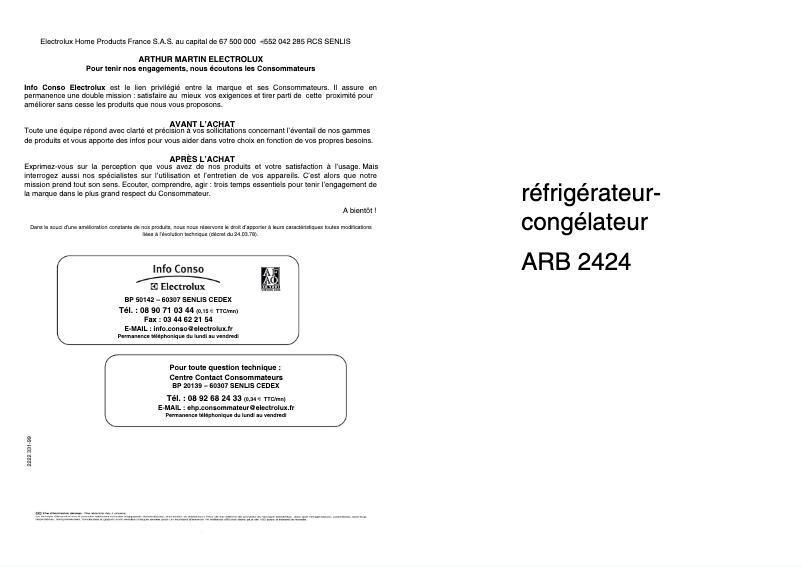 Page n°1 - Manuel utilisateur Arthur Martin-Electrolux ARB2424