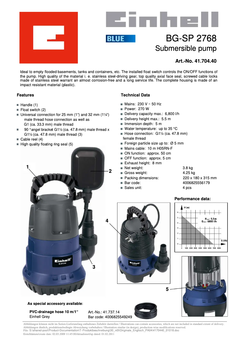Page n°1 - Manuel utilisateur Einhell BG-SP 2768
