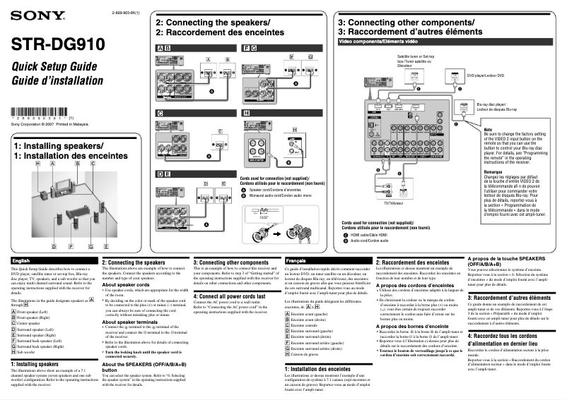 Page 1 de la notice Guide d'installation Sony STR-DG910