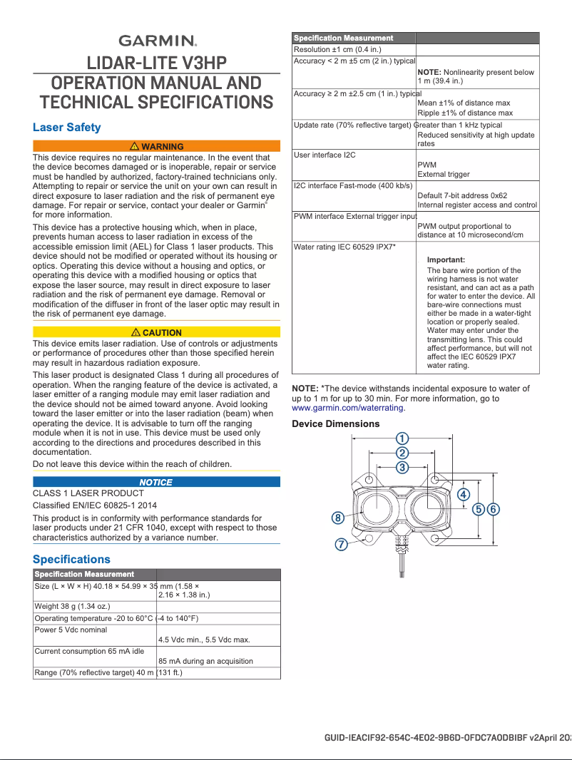 Page 1 de la notice Manuel utilisateur Garmin LIDAR-Lite v3 HP