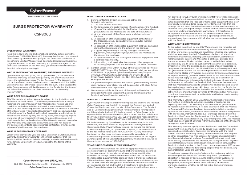 Page 1 de la notice Informations de garantie CyberPower CSP806U