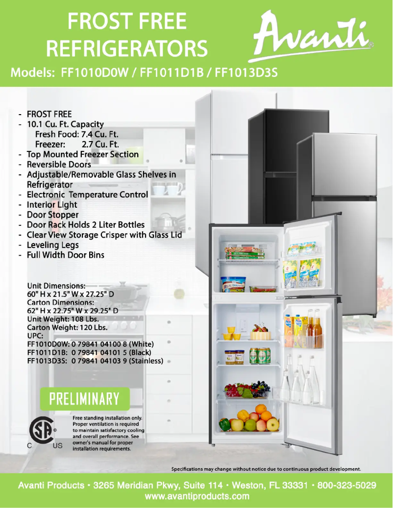 Page 1 de la notice Fiche technique Avanti FF1013D3S
