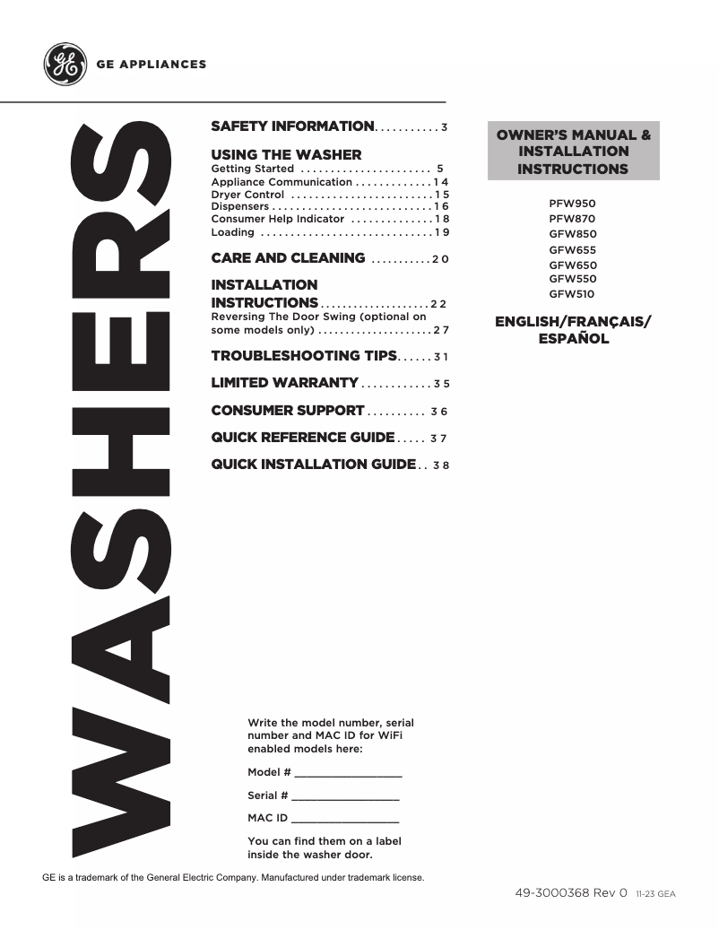 Page 1 de la notice Guide d'installation GE GFW655SSVWW