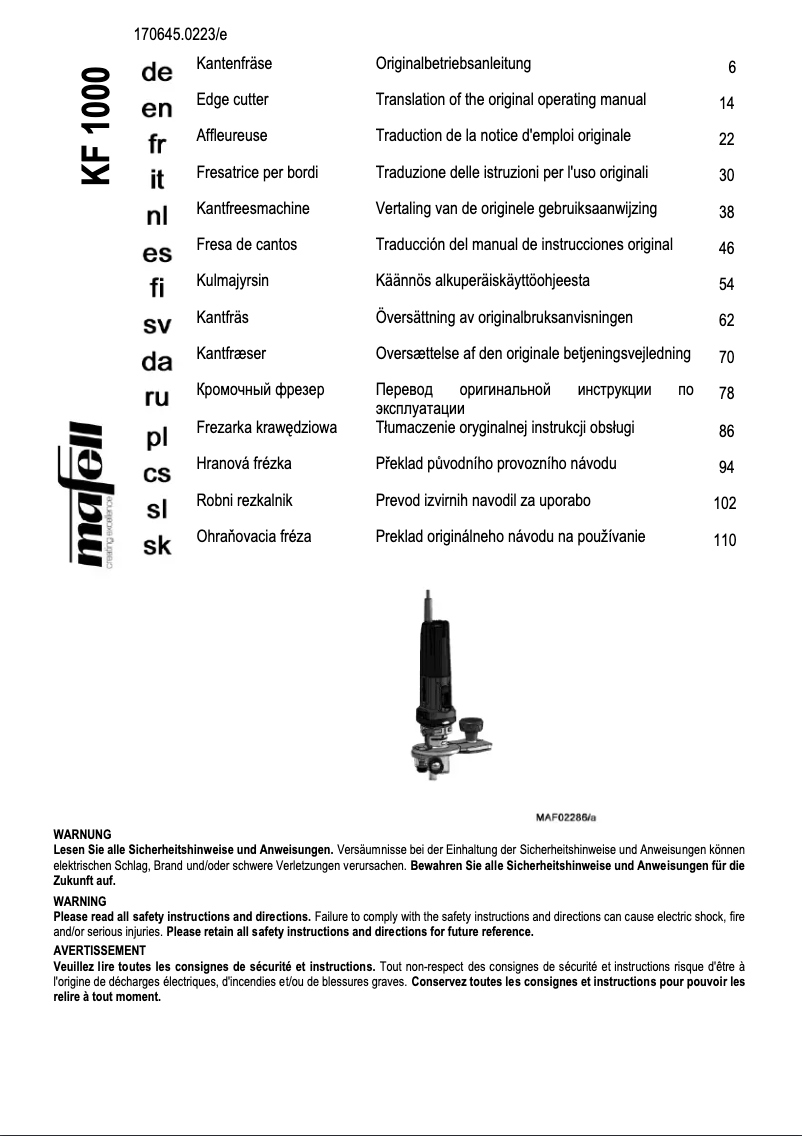 Page n°1 - Manuel utilisateur Mafell KF 1000