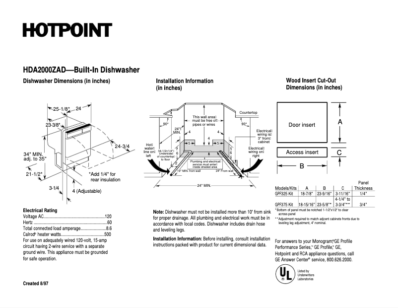 Page 1 de la notice Fiche technique Hotpoint HDA2000ZAD