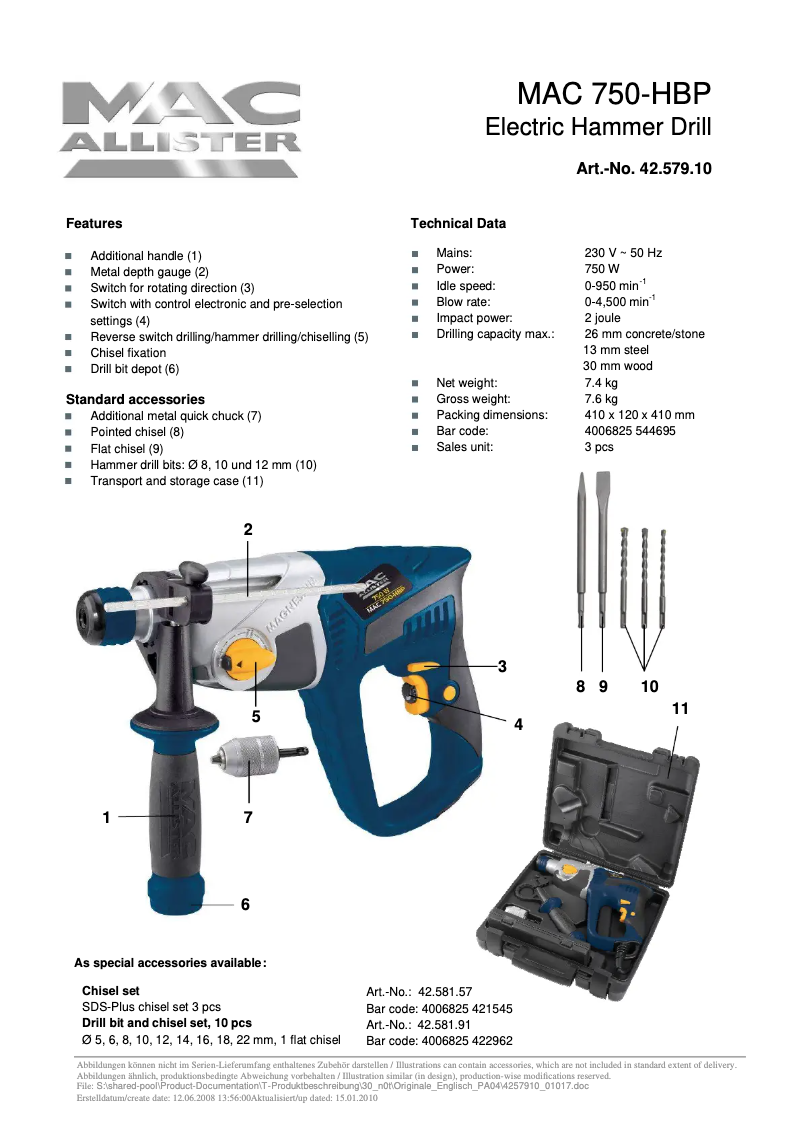 Page 1 de la notice Fiche technique MacAllister MAC 750-HBP