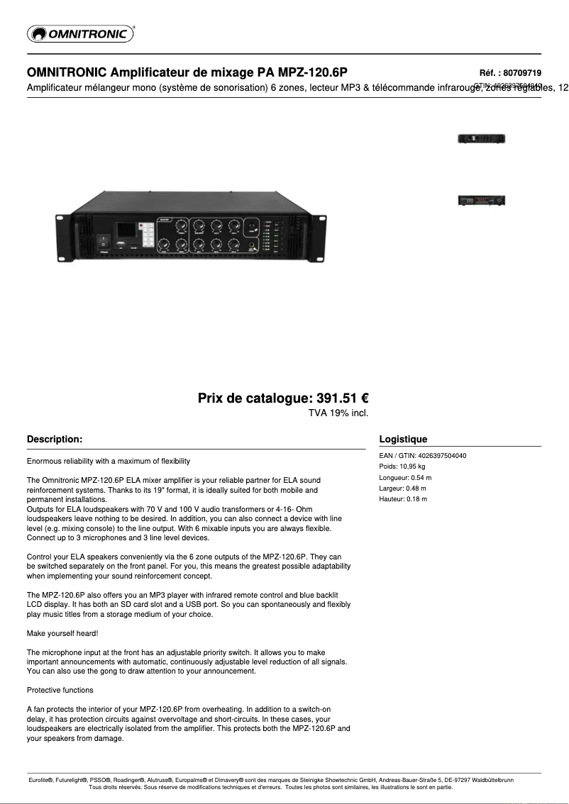 Page 1 de la notice Fiche technique Omnitronic MPZ-120
