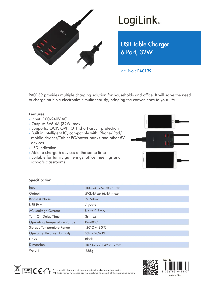 Page 1 de la notice Manuel utilisateur LogiLink PA0139