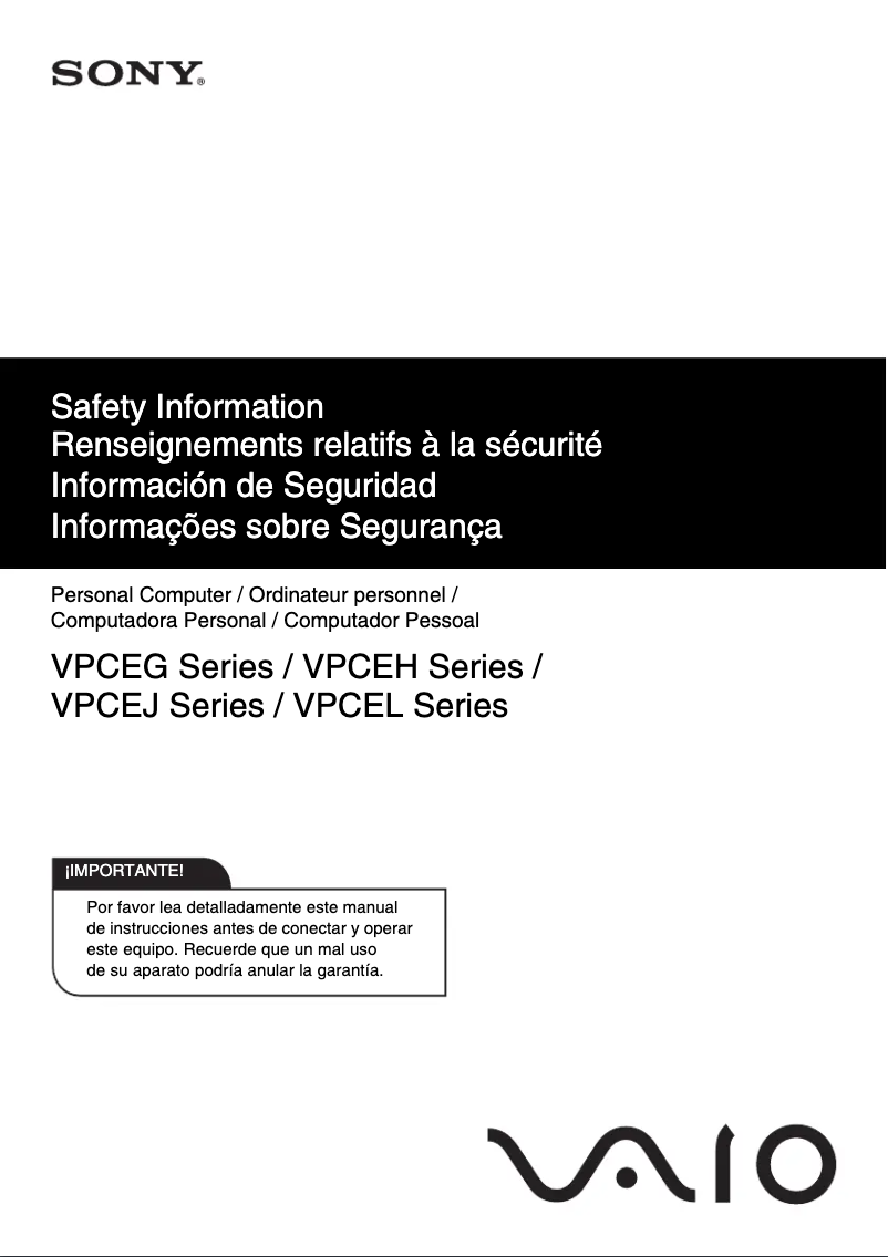 Page 1 de la notice Instructions de sécurité Sony Vaio VPCEG190X