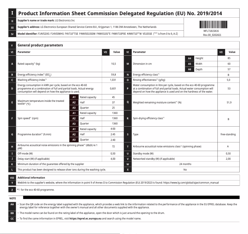 Page 1 de la notice Manuel utilisateur LG F4WV510S1E