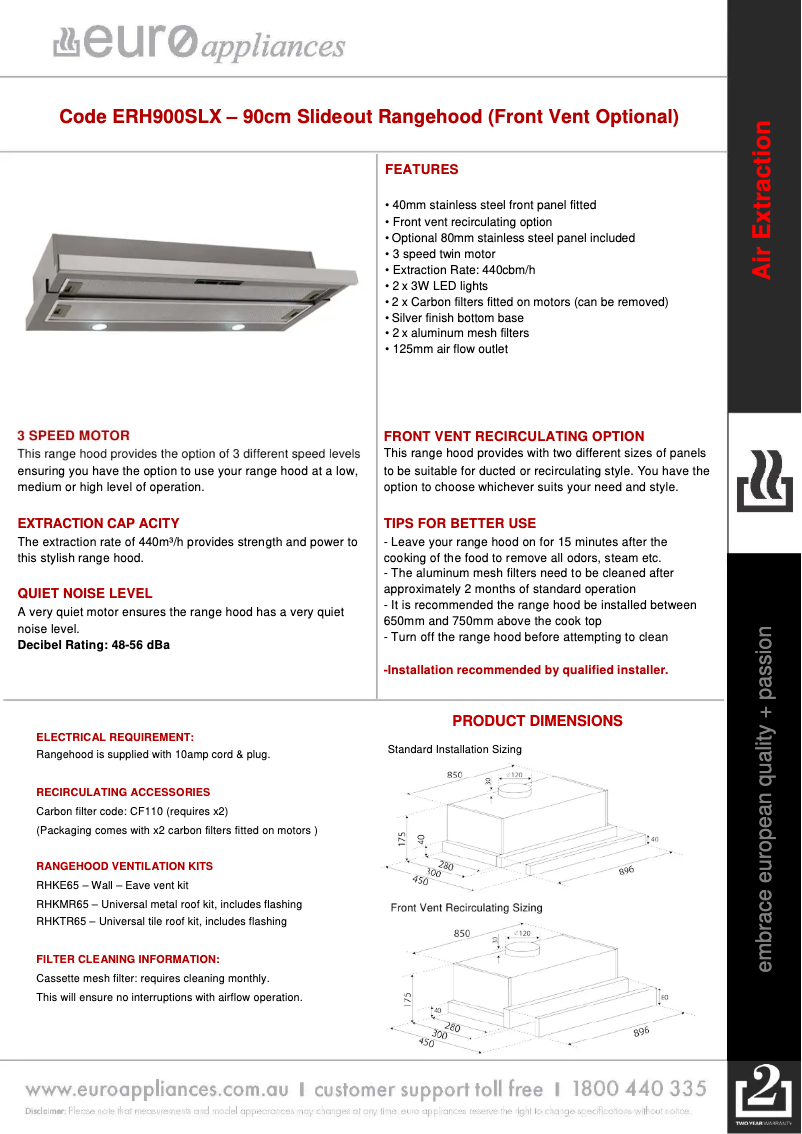 Page 1 de la notice Fiche technique Euro Appliances ERH900SLX
