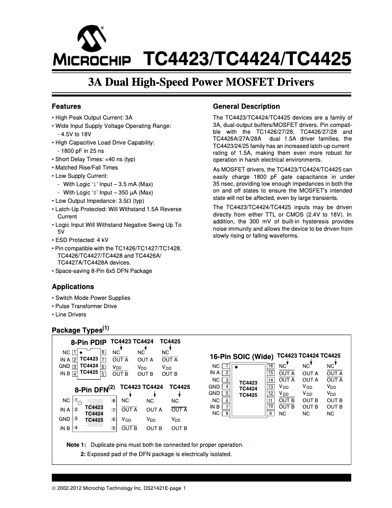 Page 1 de la notice Fiche technique Microchip TC4425