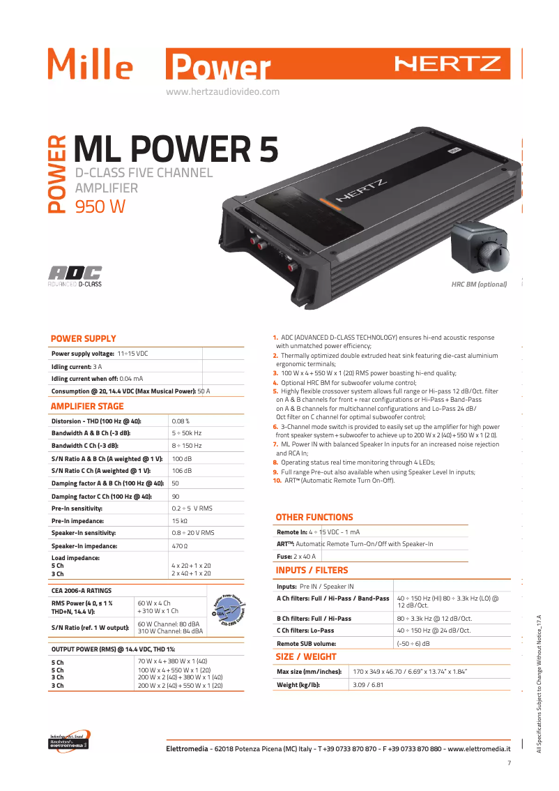 Page 1 de la notice Fiche technique Hertz ML Power 5