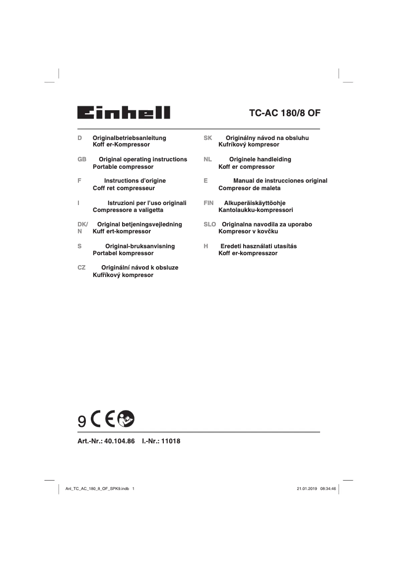 Page n°1 - Manuel utilisateur Einhell TC-AC 180/8 OF