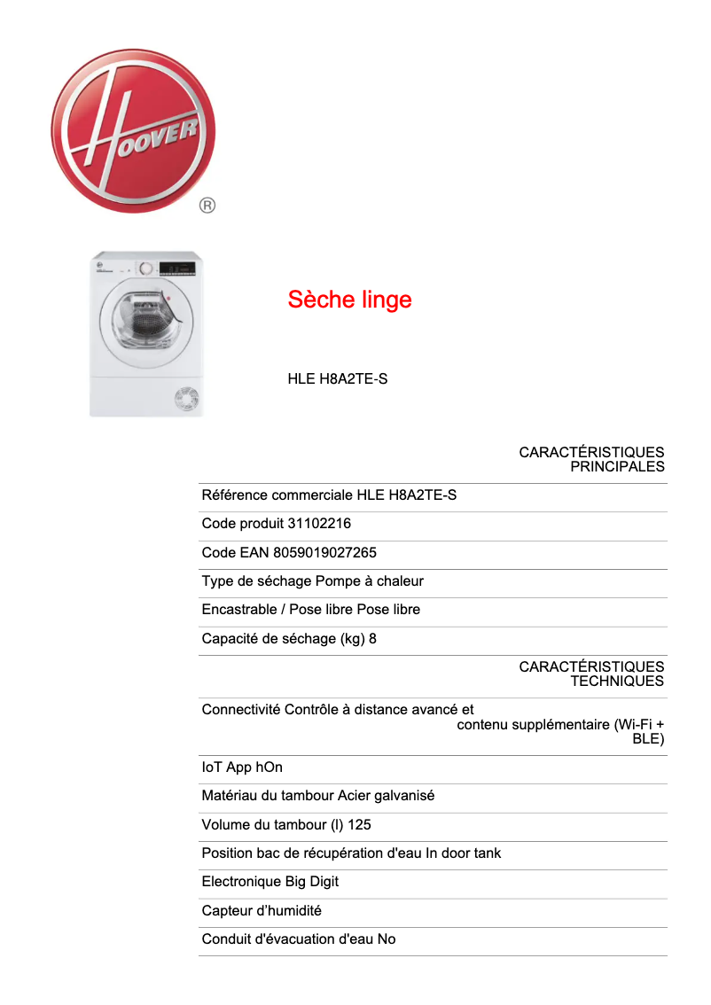 Page n°1 - Fiche technique Hoover HLE H8A2TE-S
