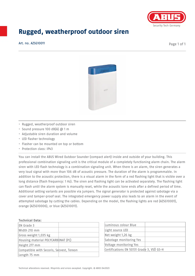 Page n°1 - Fiche technique Abus AZSG10011