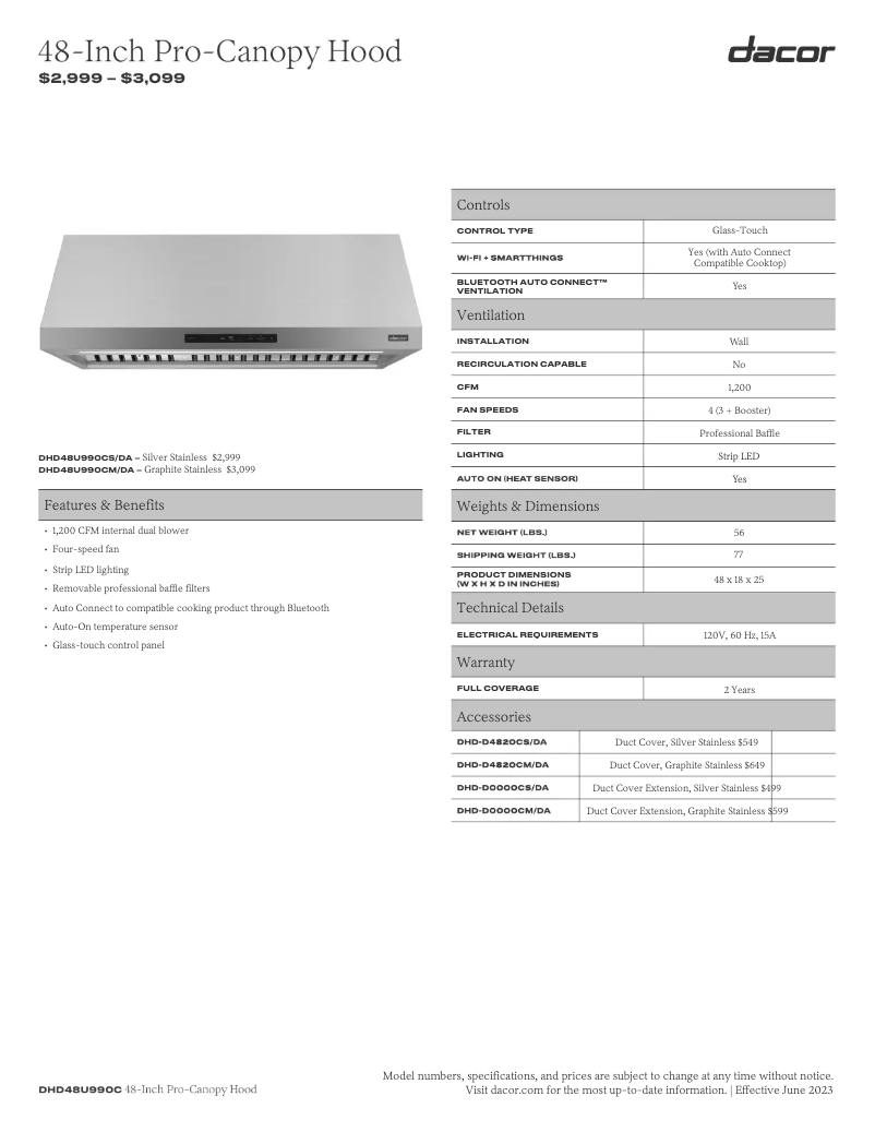 Page n°1 - Fiche technique Dacor DHD48U990CS/DA
