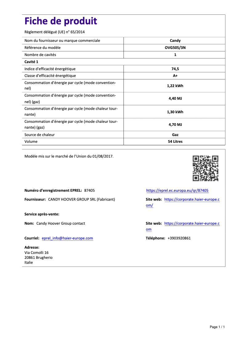 Page 1 de la notice Manuel utilisateur Candy OVG505/3N
