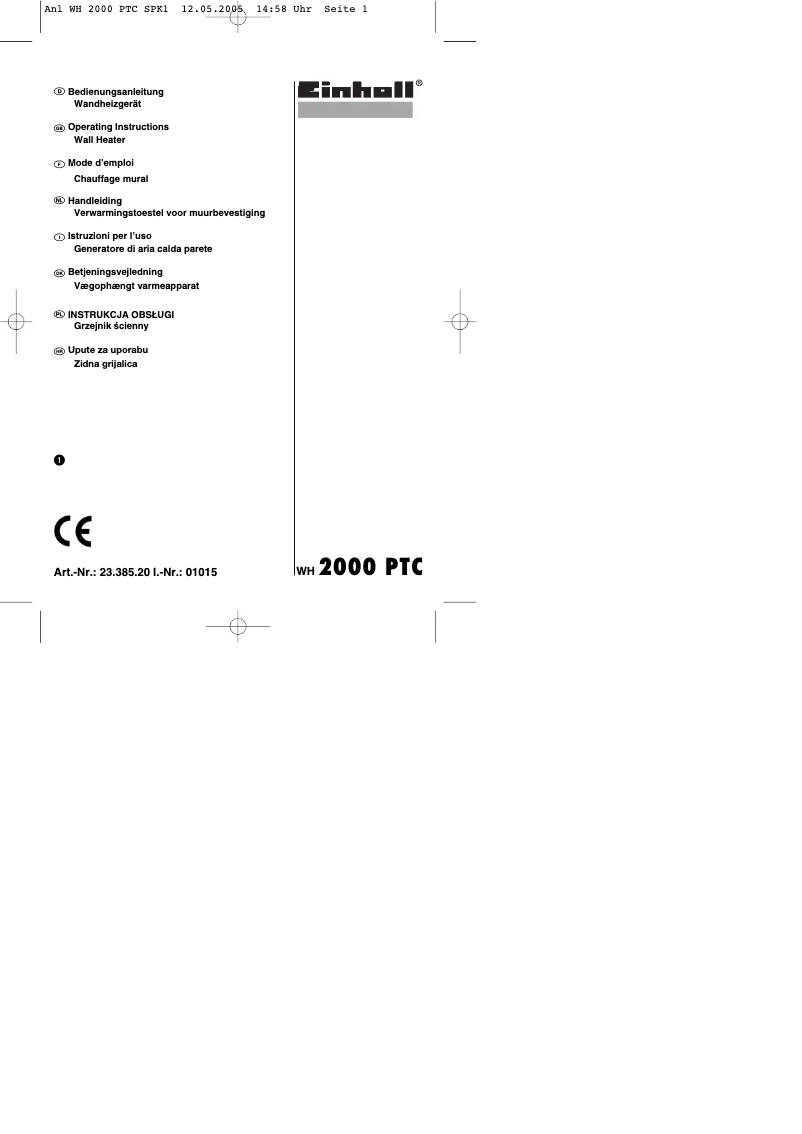 Page 1 de la notice Mode d'emploi Einhell WH 2000 PTC