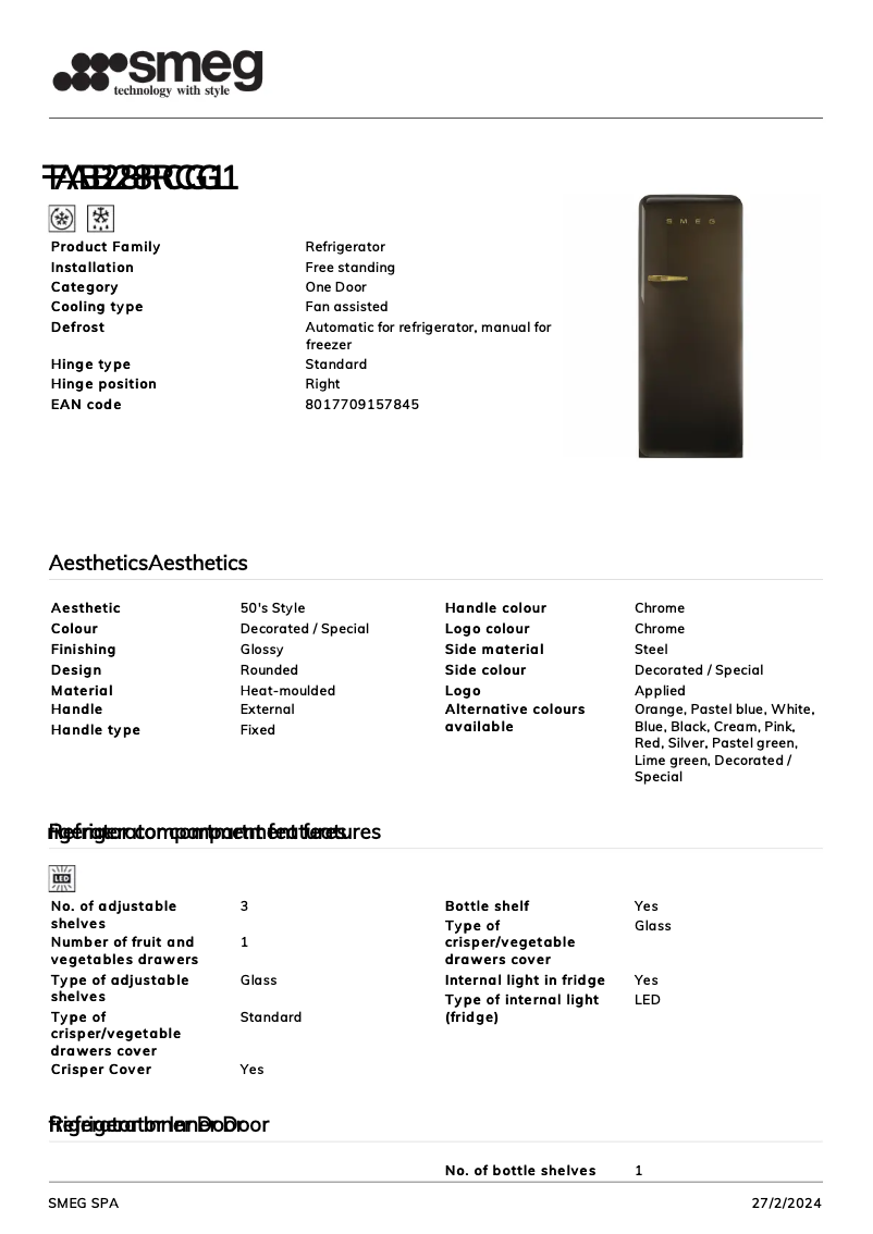 Page n°1 - Fiche technique Smeg FAB28RCG1