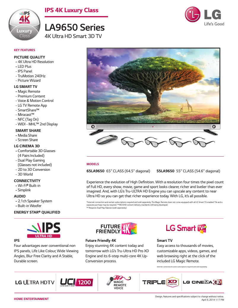 Page 1 de la notice Fiche technique LG 55LA9650