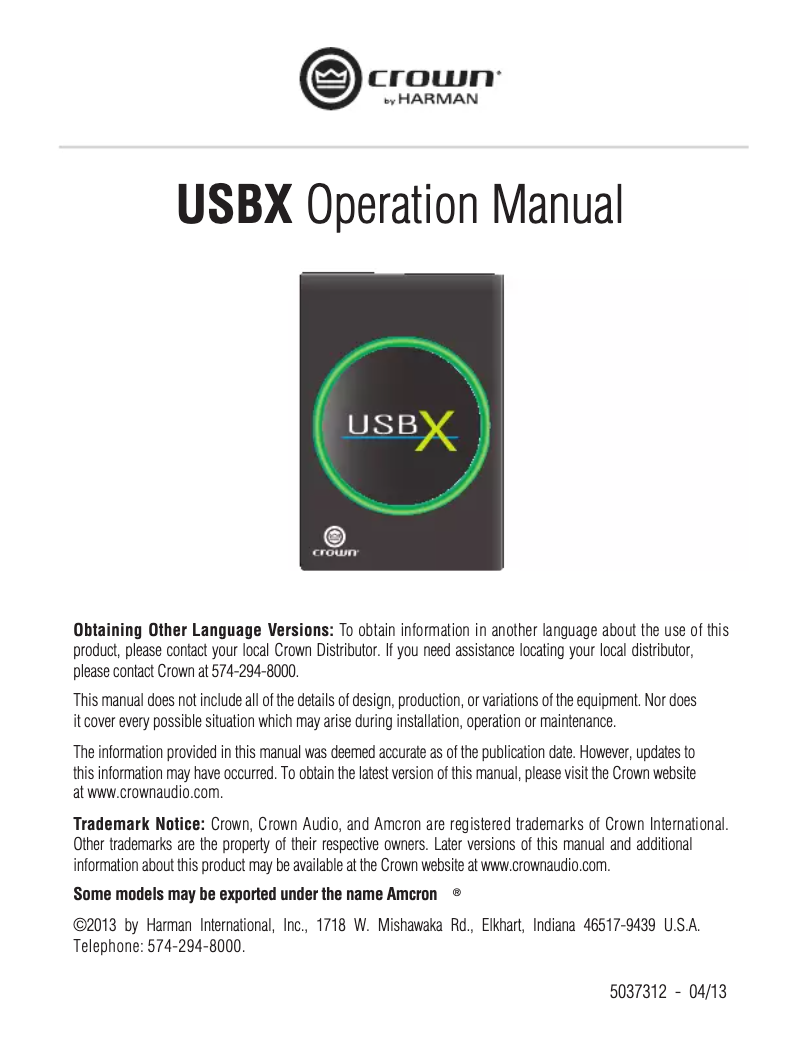 Page n°1 - Manuel utilisateur Crown USBX