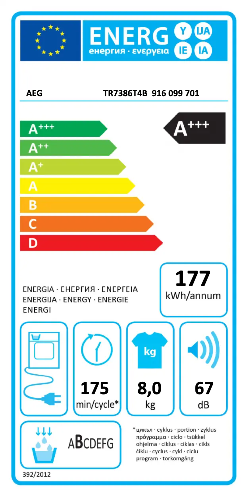 Page n°1 - Label énergétique AEG TR7386T4B